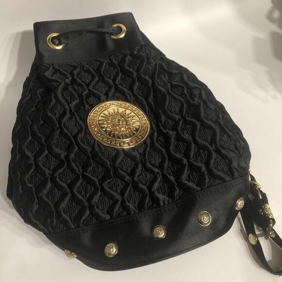 Handbags - Vintage-Inspired Black Quilted Lion Medallion Bucket Bag – Gold Stud Accents